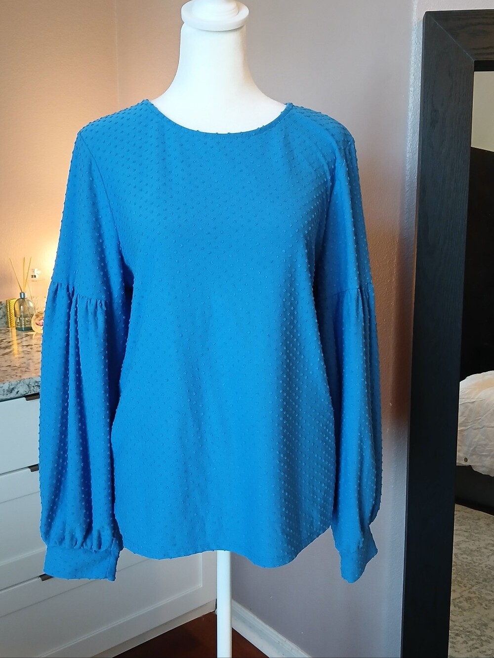 Riley & Rae Blue Blouse Top Long Puff Sleeve Sz L